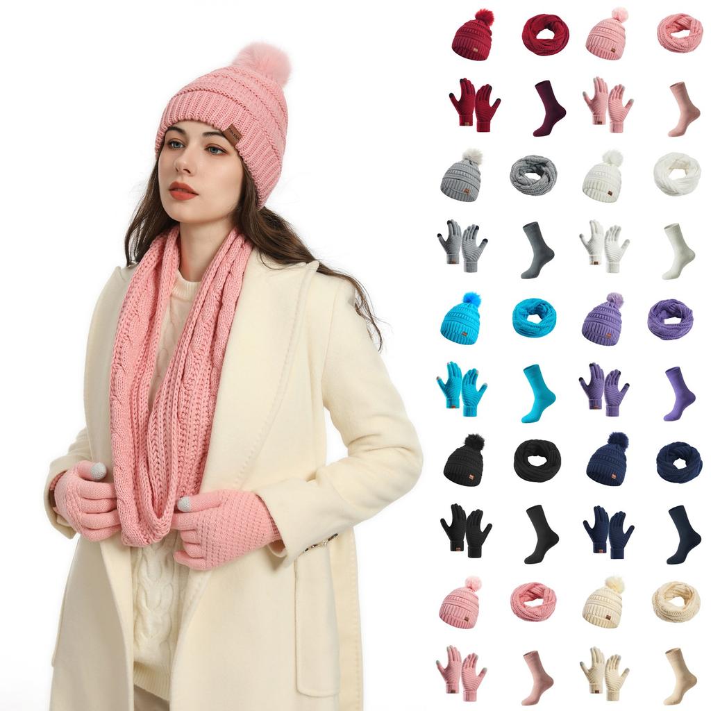 Парная теплая шерстяная шапка, вязаная плюс бархатная утолщенная взрослая шапка, шарф, перчатки, носки, комплект из четырех предметов