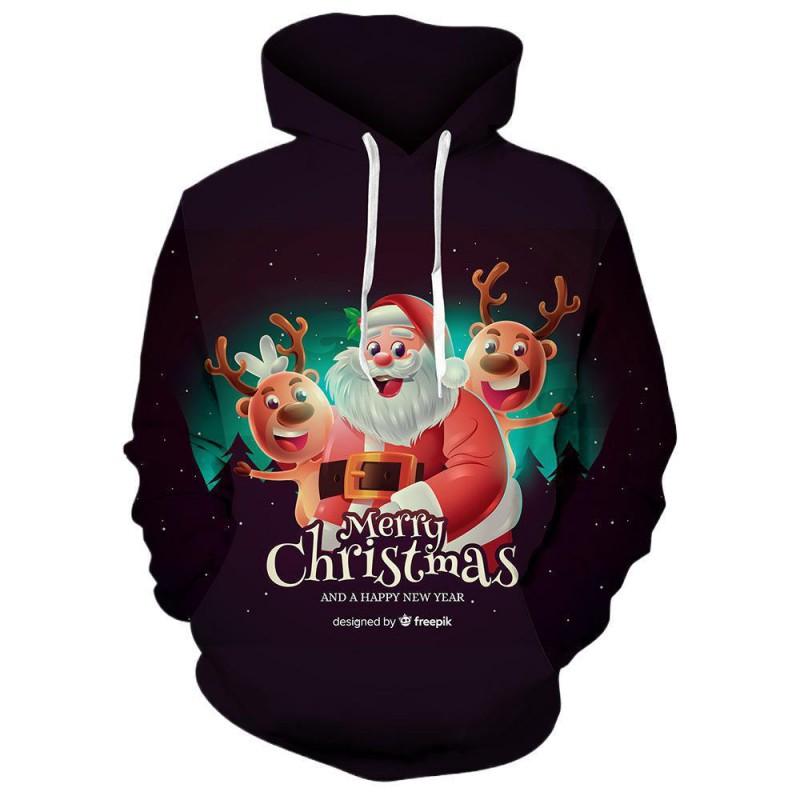 Mens Hooded Long Sleeve Pullover Sweatshirt With Digital Print Snowman Design Winter Holiday