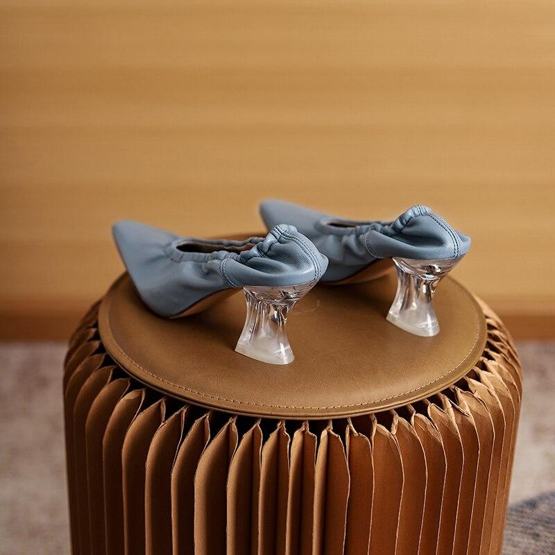 Women Pumps Natural Leather Shoes Plus Size 22-26.5cm Length Soft Sheepskin Pointed Crystal Heel Full Leather Shoes