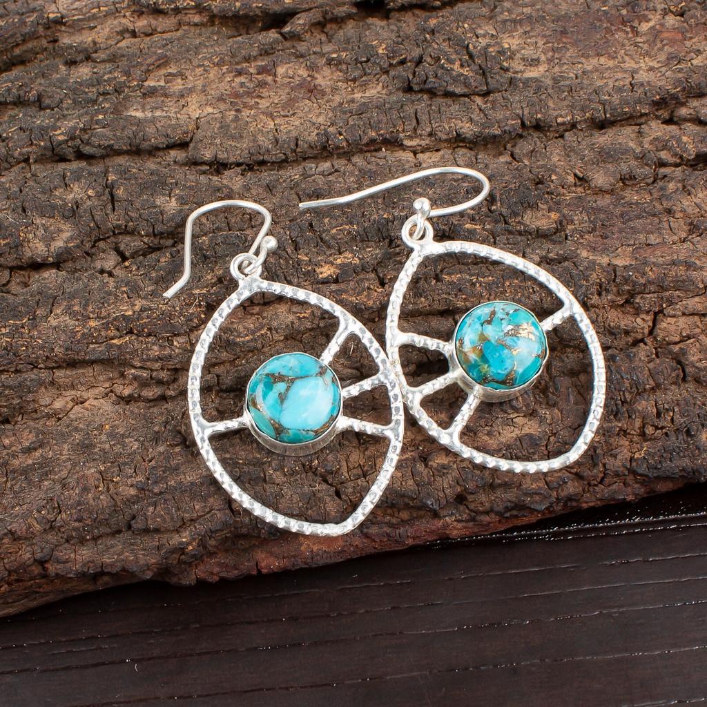Blue Copper Turquoise Gemstone 925 Sterling Silver Jewelry Gift Earrings 2.00" EE-52-40