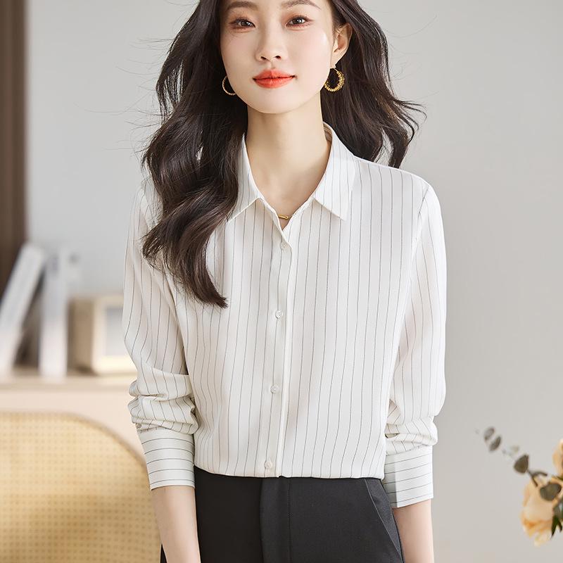 Women's Ash Blue Satin Long Sleeve Shirt - Retro Hong Kong Style, Spring Commute, Concealed Placket, Versatile Drapey Blouse