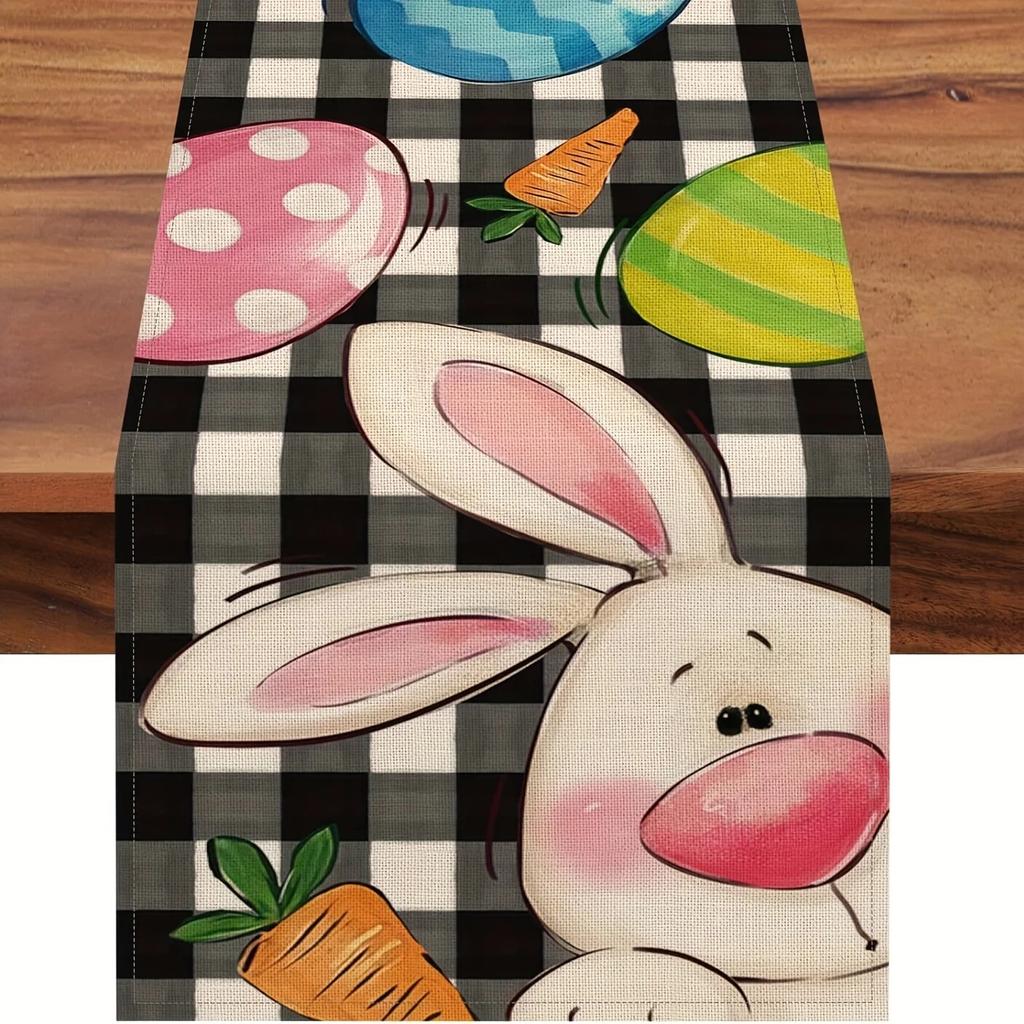 1pc Easter Table Runner, Bunny Rabbit Flowers Leaves Pink BuffaloPlaid Table Kitchen Dining Decoration For Indoor, Party Decor
