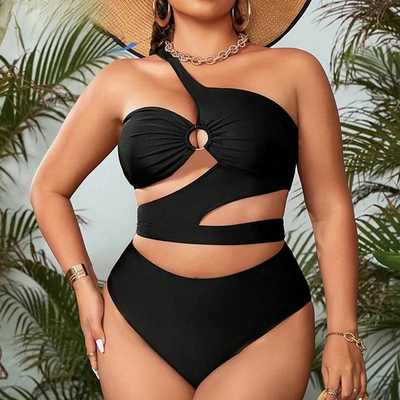 Купальники больших размеров 2025 года с вырезом на одно плечо, черные сексуальные женские купальники, пышные женские комплекты бикини