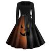 Women's Casual Vintage Halloween Print Dress Square Neck Long Sleeve Fit Flare Midi Dress with Waist Tie for Seasonal Occasion