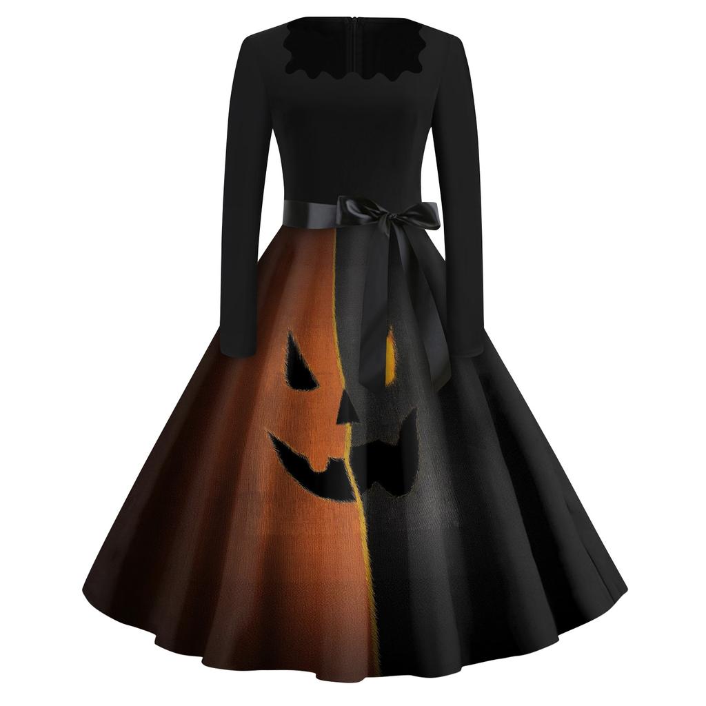 Women's Casual Vintage Halloween Print Dress Square Neck Long Sleeve Fit Flare Midi Dress with Waist Tie for Seasonal Occasion