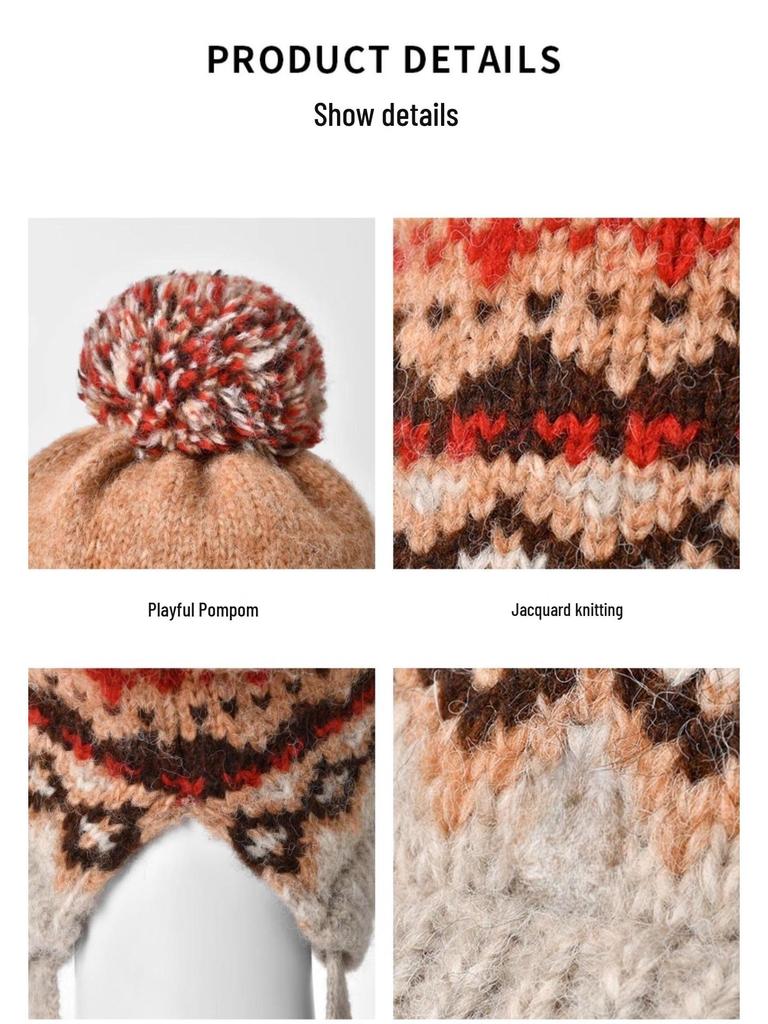 Женская вязаная шапка с помпоном в стиле Fair Isle - Ретро жаккардовая шерсть с защитой ушей для зимнего тепла