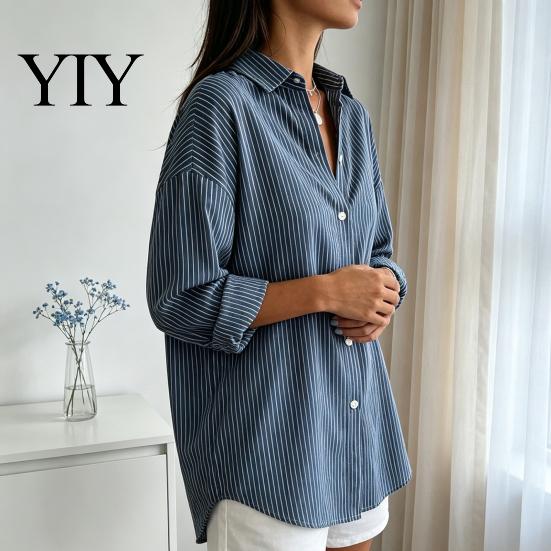 Women Collared Shirts Striped Shirt for Summer Autumn, Button Down Single Machine Washable Breasted Blouse, Dressy Casual Long Sleeve Top Breathable
