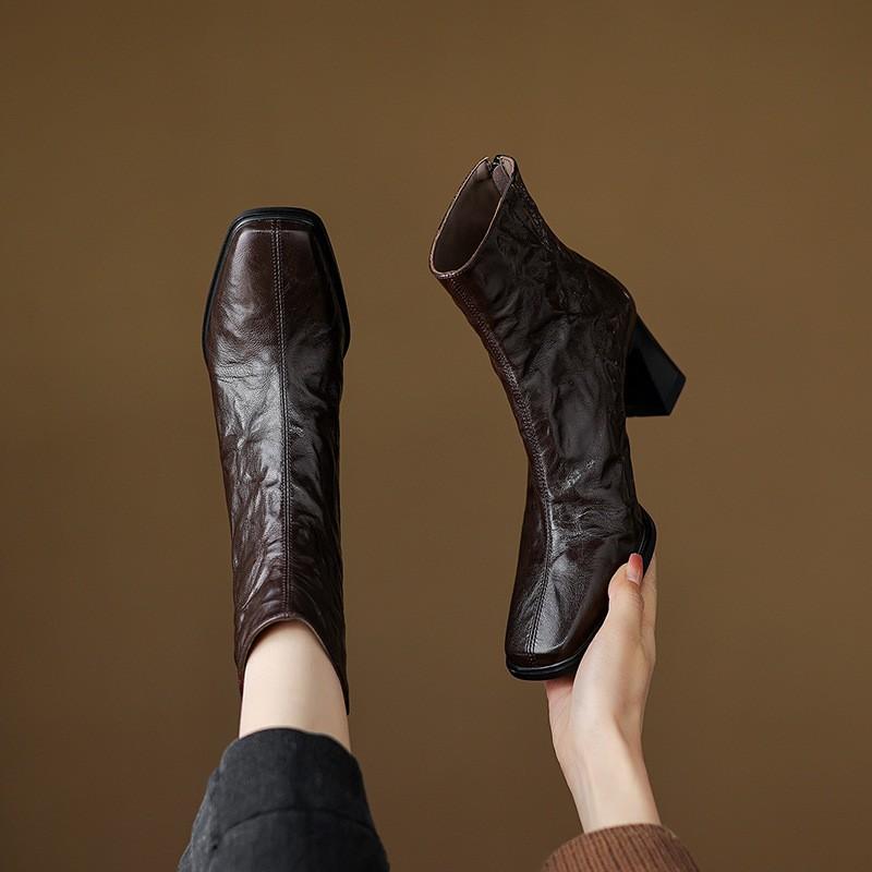 Womens Square Toe Chunky Heel Ankle Boots Slim Fit Fall Winter