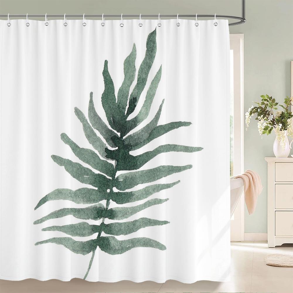 1PC Modern Minimalist leaf Pattern Shower Curtain with Hooks - Design Chic Green leaves Plants Bathroom Curtain Decorationks