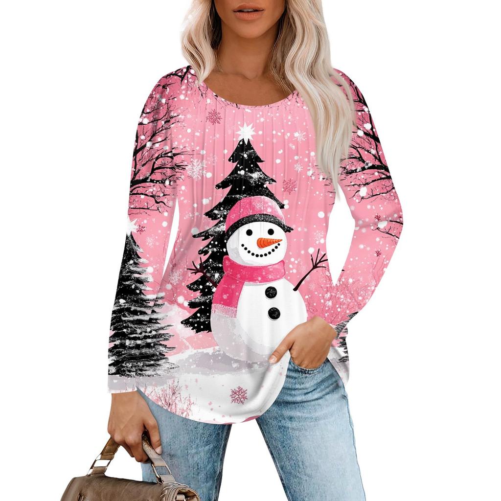 Женская повседневная футболка с круглым вырезом и длинными рукавами с рождественским принтом и складками