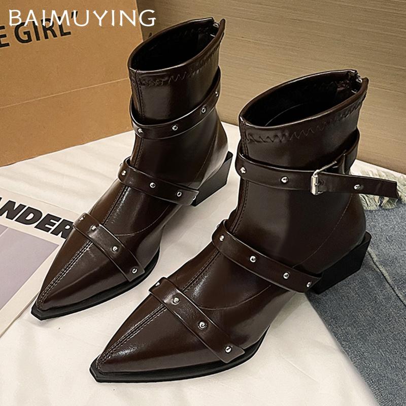Острый носок женские ботильоны на среднем каблуке повседневная кожаная обувь женская 2025 тренд зима дизайнерский бренд панк челси боты женские