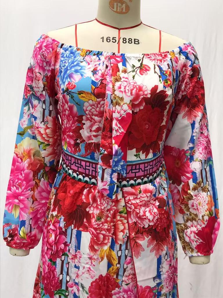 2025 V-Neck Retro Long Sleeve Printed Evening Dress - Spring/Summer Collection