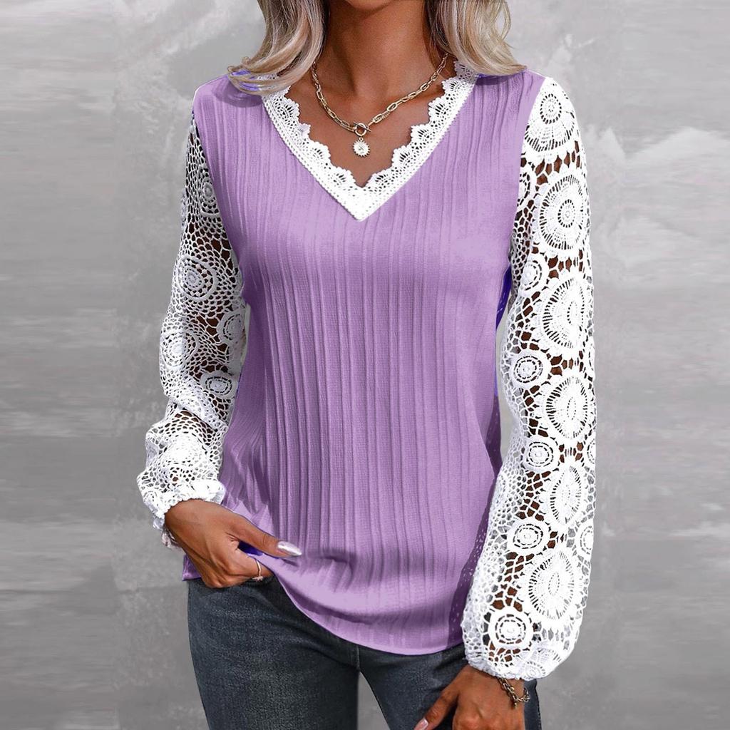 Women's Loose V-neck Lace Patchwork Long Sleeved Casual T-shirt Top