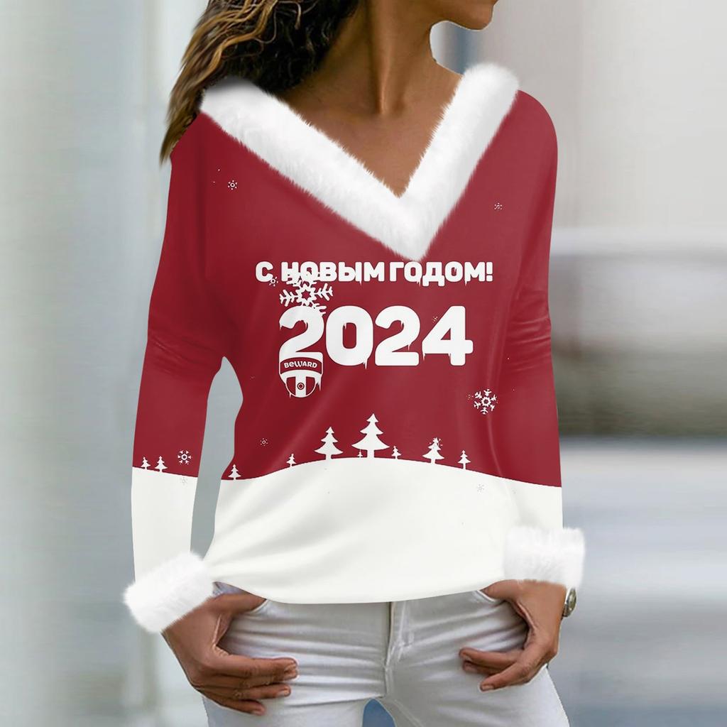 Женская мода повседневная плюшевая кофта с длинным рукавом и V-образным вырезом с рождественским принтом