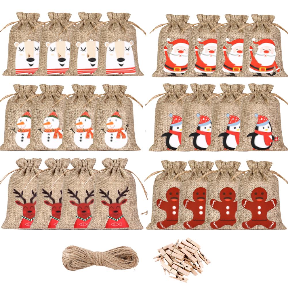 24 шт. Рождественский адвент-календарь своими руками, подарочные пакеты, 24-дневный рождественский адвент-календарь, тканевый подарочный пакет с завязкой, рождественское украшение
