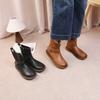 Ретро пряжка ремня Натуральная кожа Короткие ботинки Круглый носок Боковая молния Плоская подошва Женские ботинки