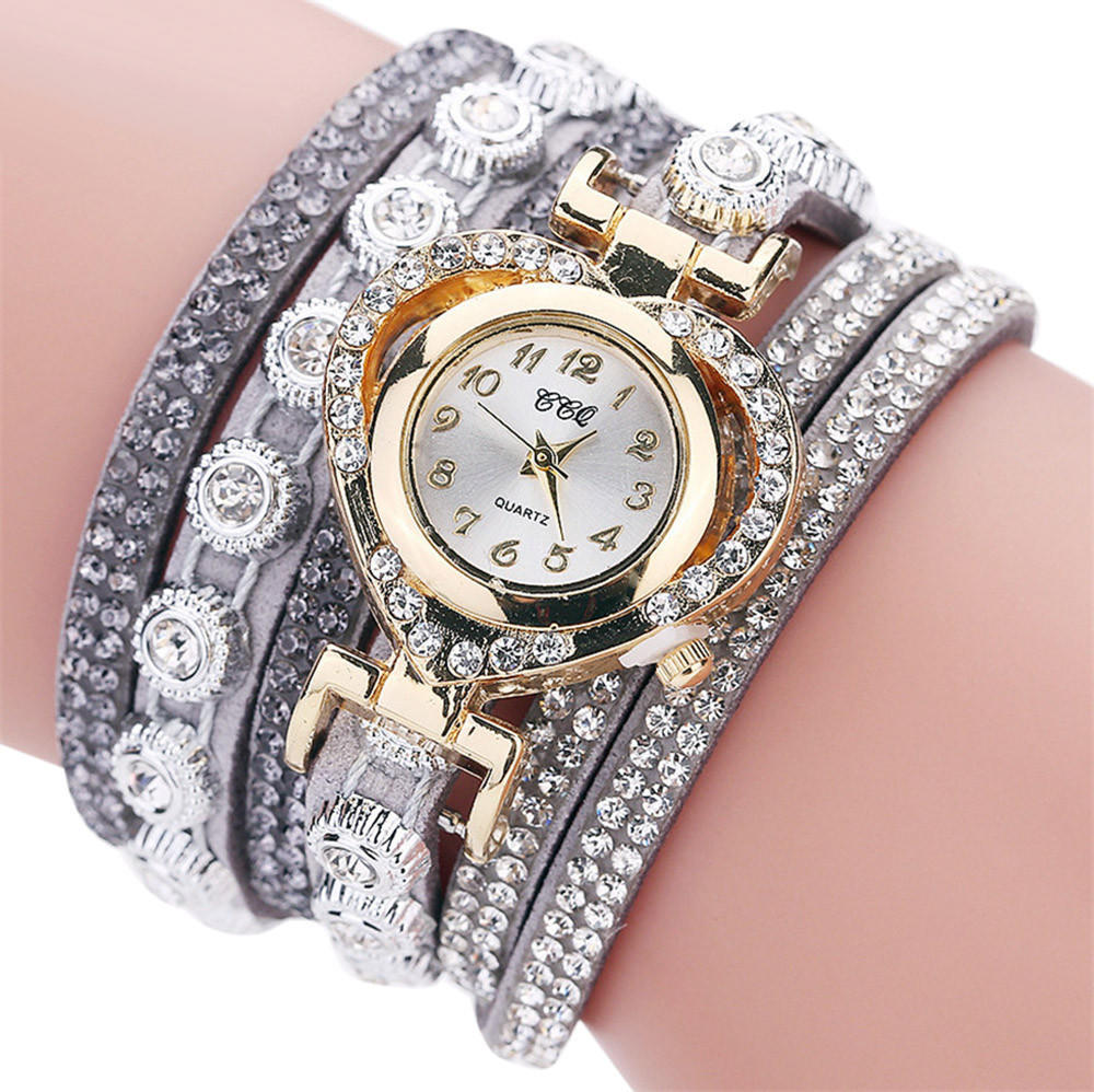 Leather Women Fashion Casual Decor Round Rhinestone Bracelet Watch