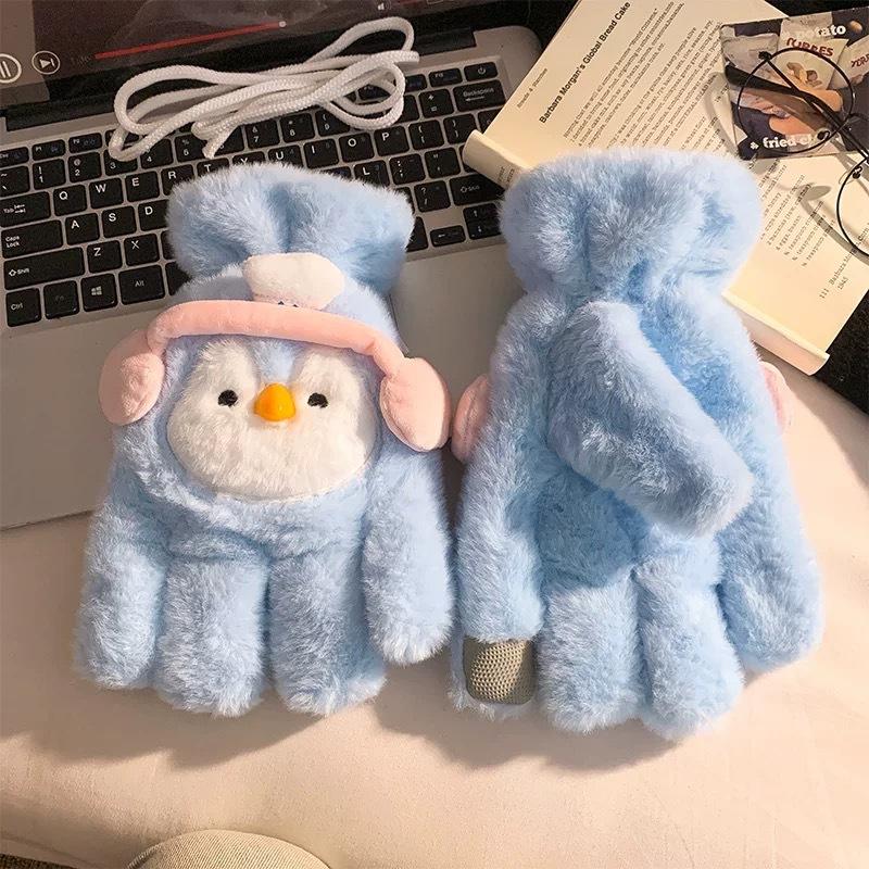 Cute little penguin flip half finger plush gloves female plush thickened warm student writing cold