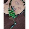 GEMCHIC Women's Vintage Chinese Style Green Flower Glass Bead Sweater Chain Necklace Long Pendant Jewelry
