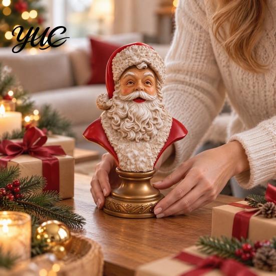Indoor Winter Holiday Decoration Santa Claus Bust Statue, Resin Head with Vintage Golden Christmas Statue Base, Tabletop Figurine, Mantel Desktop Home