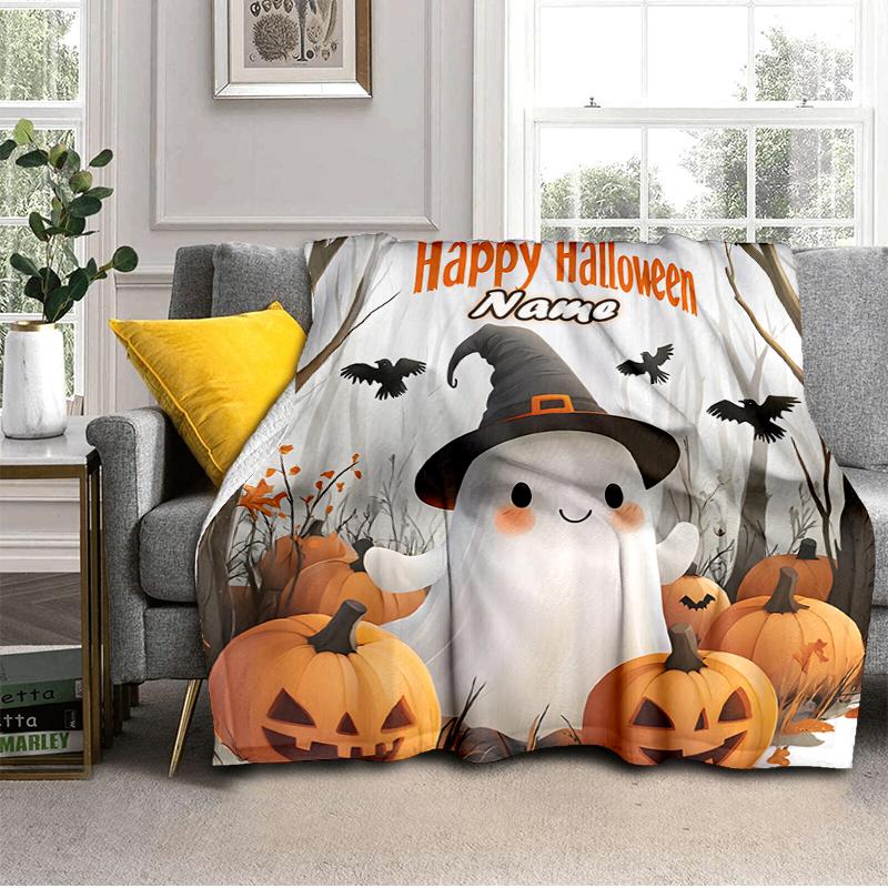 1PC Custom Name Happy Halloween Ghost outdooor Flannel blankets Throw Blanket All-Season Throw Gift Bedspread for Couch, Bed, Camping Holiday Birthday