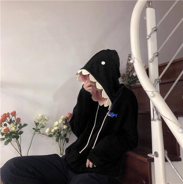 Толстовка с шапкой акулы Осень/Зима 2021: Унисекс, Вельвет, Свободный крой, Подходит для студентов, Забавный дизайн.