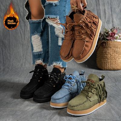 Женские ботинки винтажные с кисточками на шнуровке ботильоны для женщин осень зима обувь с круглым носком женские замшевые ковбойские челси