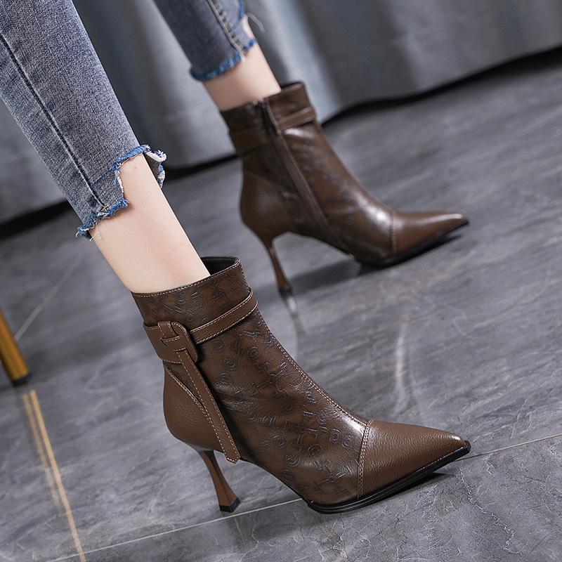 Fashion Woman Short Shoes Heeled Fur Very High Heels Leather Punk Style Booties Pointed Toe Combat Ankle Boots for Women Quality Autumn