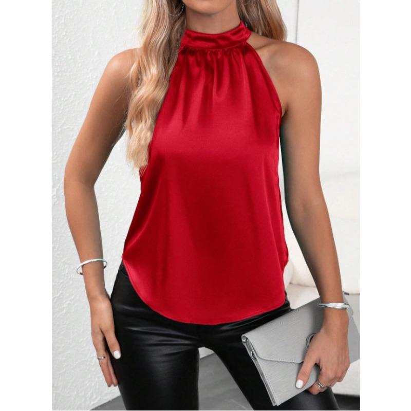 Summer Polyester Vest Women's Solid Color Off Shoulder Hanging Neck Sleeveless Top