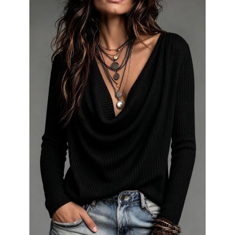 Women S Solid Color Casual Long Sleeve Knit T Shirt