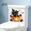 Creative Holiday Wall Murals Halloween Black Cat Witch Toilet Decals, Self-Adhesive Bat Cover Removable Waterproof Bathroom Decor Seat Stickers,
