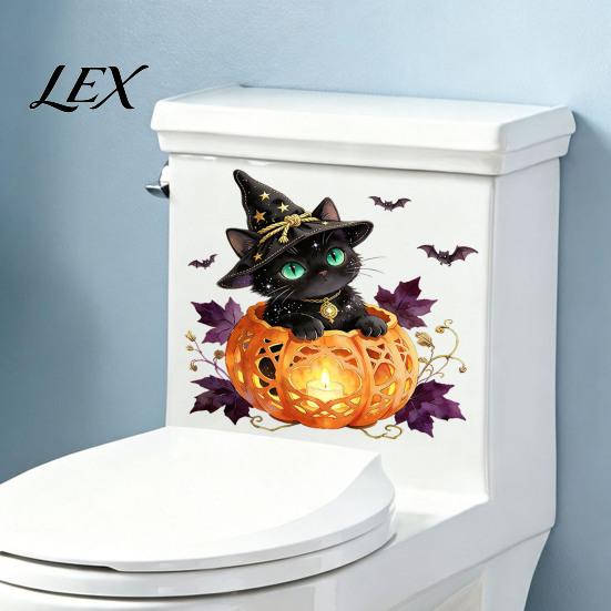 Creative Holiday Wall Murals Halloween Black Cat Witch Toilet Decals, Self-Adhesive Bat Cover Removable Waterproof Bathroom Decor Seat Stickers,