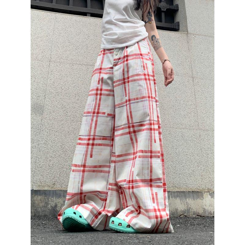 Kumikumi Retro Design Plaid Two-Button Casual Pants Women's Autumn Easiest for Match High Waist Loose Loose Pants