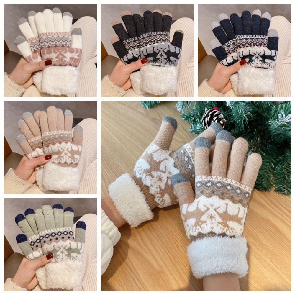 Wool Christmas Knitted Gloves Thickened Winter Mittens Simple Full Finger Gloves Women
