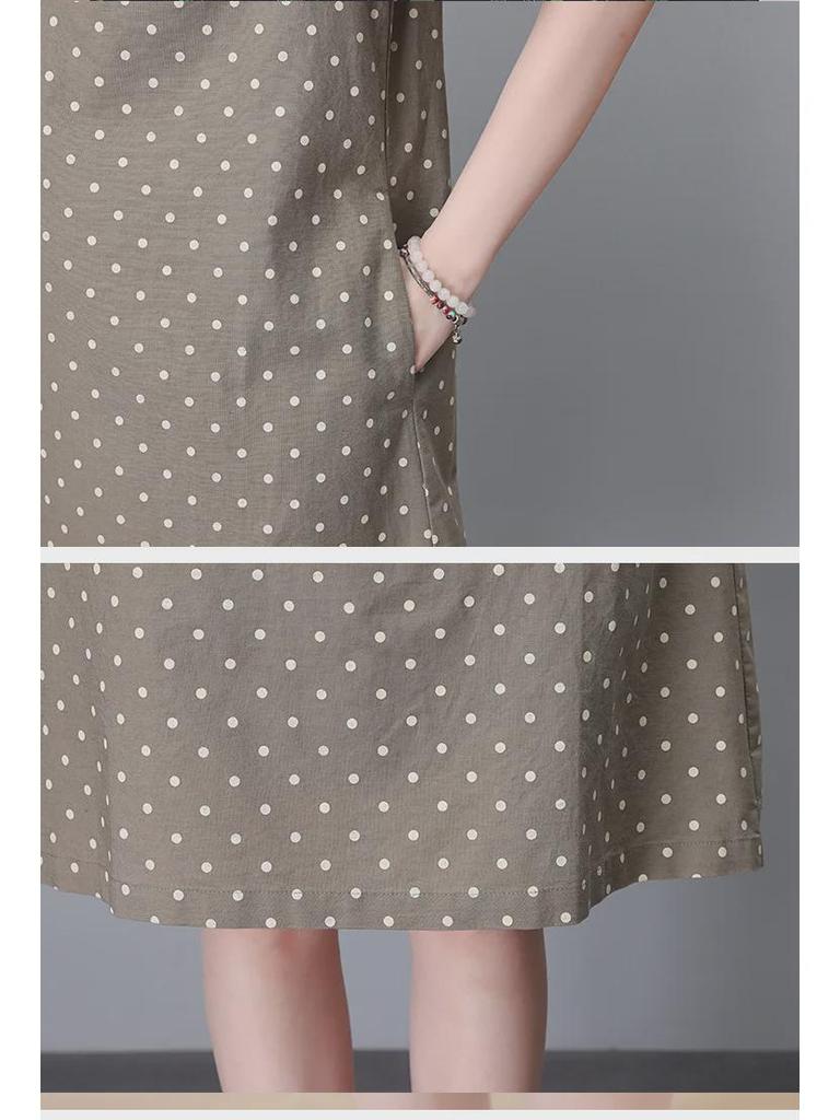 Летнее платье в горошек из хлопка и льна 2024 года — женское, французский стиль, размер плюс, длинная юбка