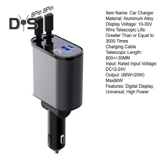 Автомобильное зарядное устройство с двойным выдвижным кабелем типа C, 8-контактный USB, 3A, 2,4A, напряжение, цифровой дисплей, универсальный, 100 Вт, высокая мощность, быстрая зарядка, автомобильная зарядка