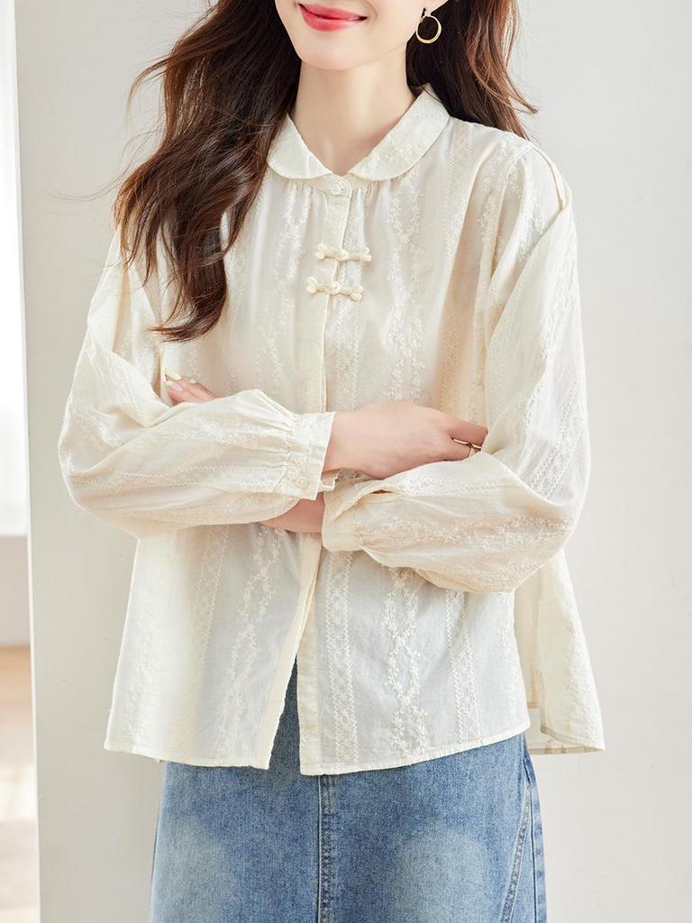 Women's Apricot Embroidered Long-Sleeve Cotton Shirt