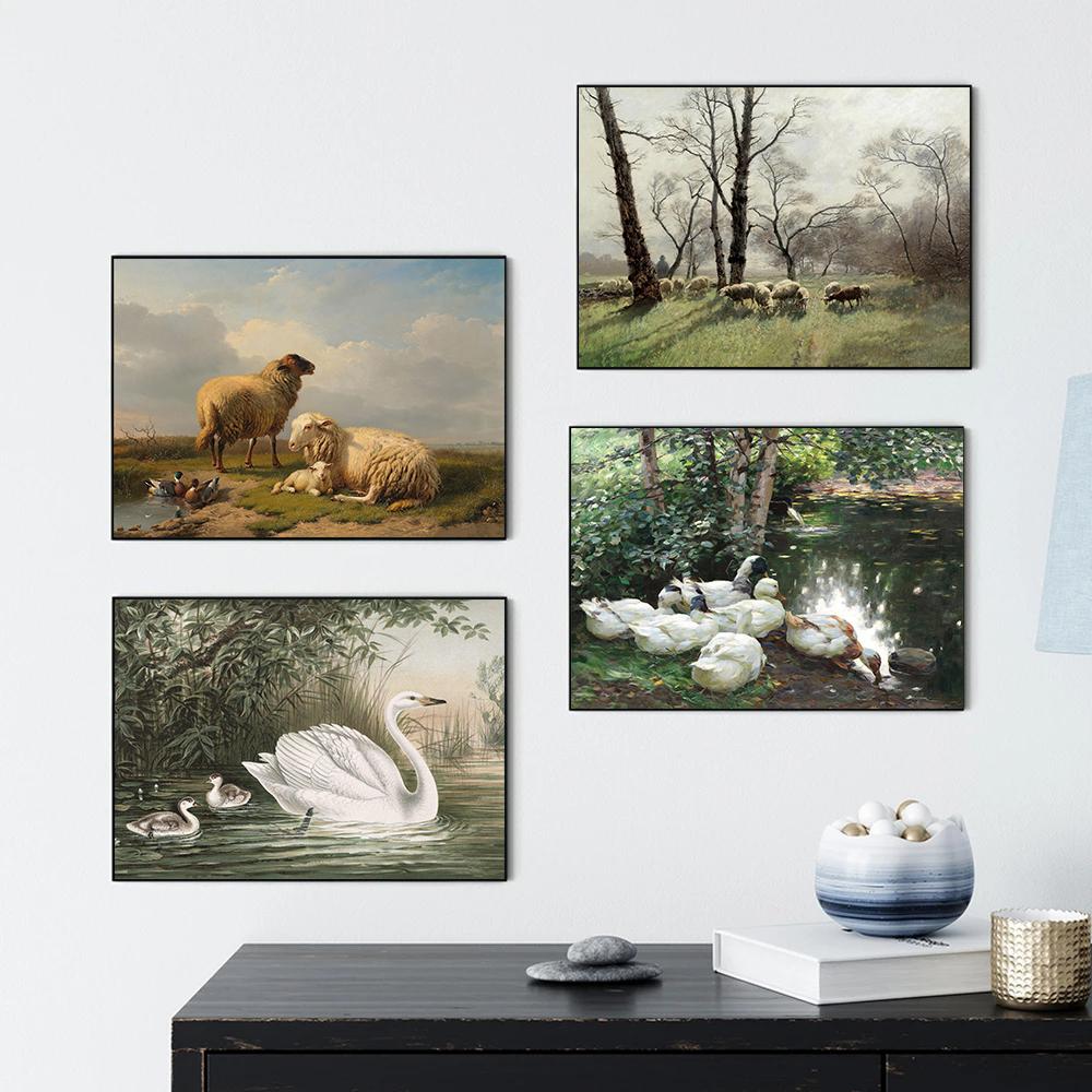 Vintage Country Farmhouse Art Shepherd Elk Hare Lamb Wildlife Poster Canvas Paintings Wall Art Pictures Home