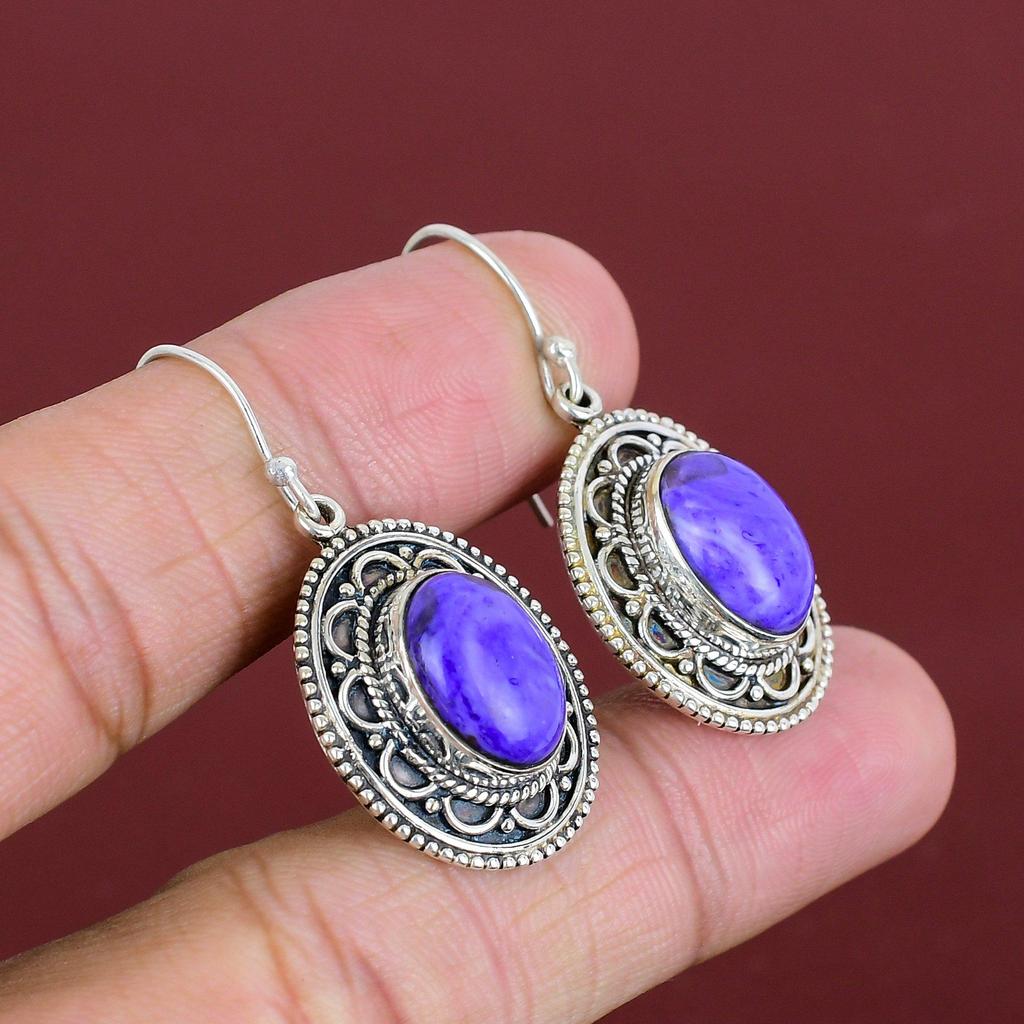 Серьги из чароита, натуральные драгоценные камни, винтажные серьги, новейшие дизайнерские украшения, серьги из стерлингового серебра 925 пробы, серьги ручной работы, подарки для жены