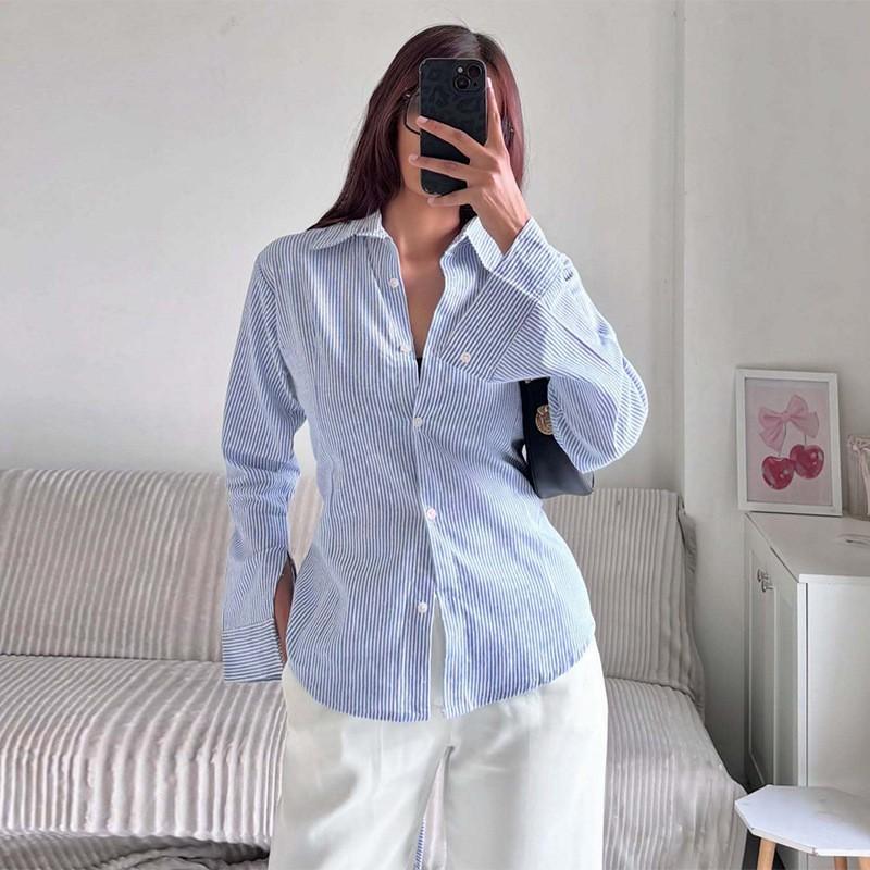 Womens Striped Long Sleeve Shirt 2026 Elegant Commuter Slim Fit Tie Blouse