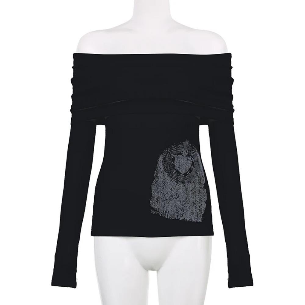 Прозрачная темная футболка с принтом Повседневная футболка с разрезом по горловине и длинным рукавом Женская мода Уличная одежда для женщин