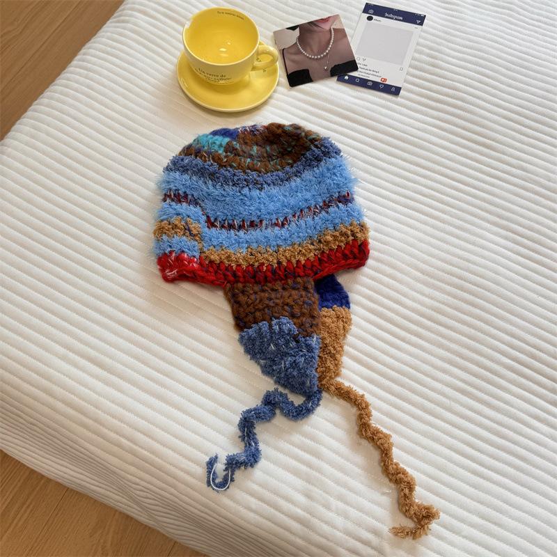 Hand-spliced color ear protection wool hat female cute rainbow knitted warm strap parent-child Lei Feng hat