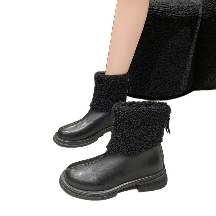 Xiaohongshu Popular Winter PU Short Tube Thick Heel Artificial Short Plush Rear Zipper Low Heel (less Than 3cm)