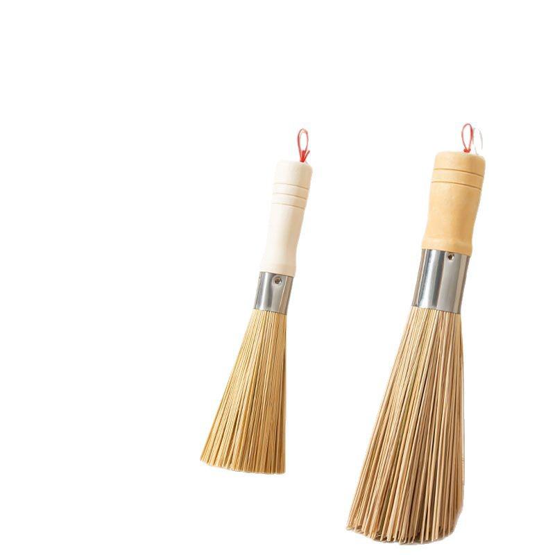 Natural Bamboo Kitchen Brush Set: Old-Fashioned Pot Brush, Dishwashing Brush, Bamboo Broom, and Loofah Silk Brush.
