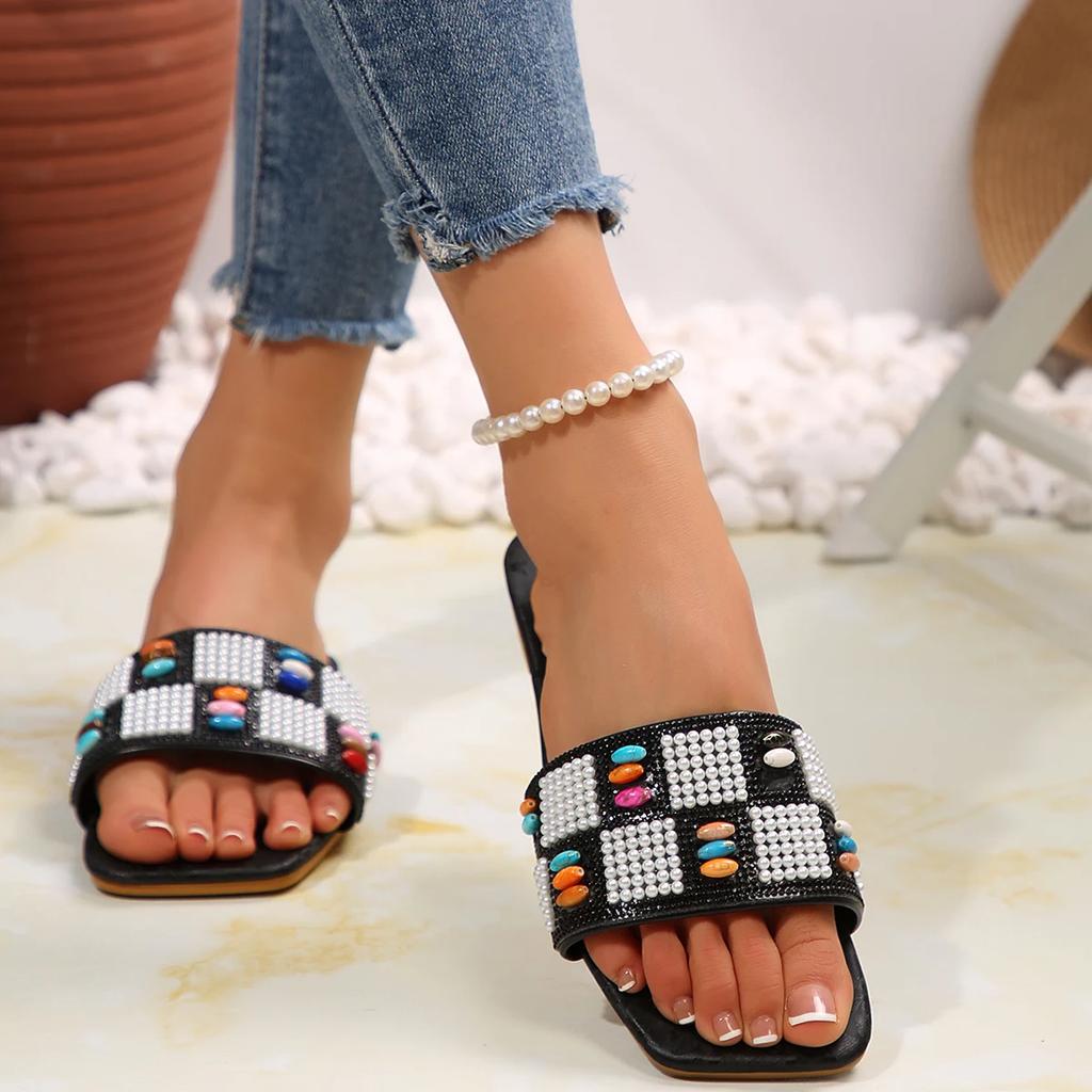 Fashion Summer Sandals Women New Summer Flat Sandals Shoes Female Designer Square Toe Bling Luxury Slippers Zapatos De Mujer