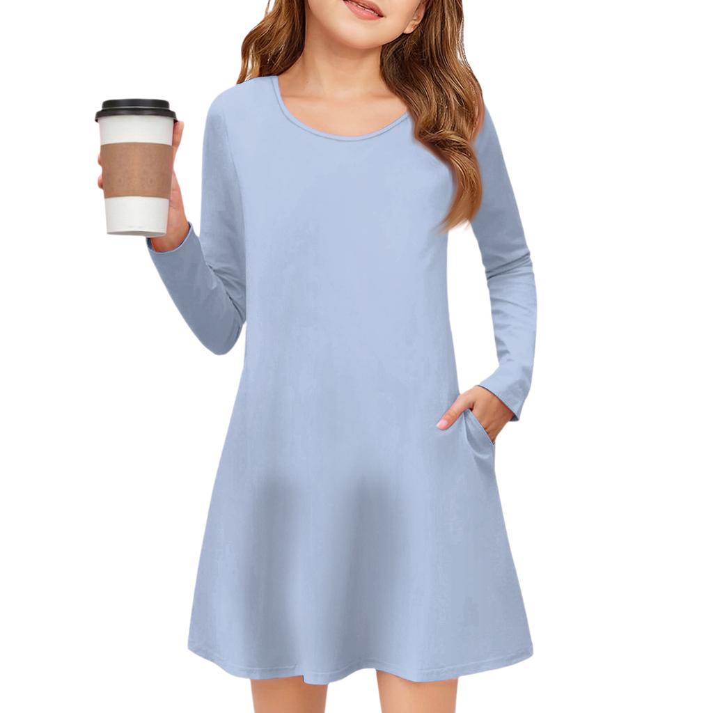 Girls' Long Sleeve Dress - Solid Color Pocket Dress