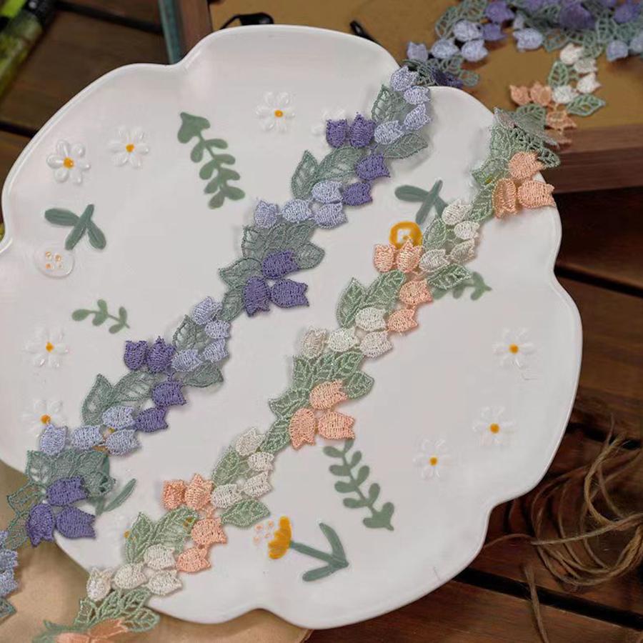 1 Yards Purple Orange Flowers Embroidery Lace Guipure Ribbon Applique Wedding Dress Headveil DIY Sewing Supplies 3.7cm Wide