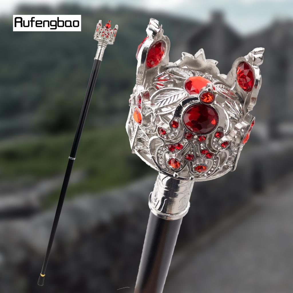 Silver Crown Artificial Red Diamond Walking Cane Fashion Decorative Walking Stick Gentleman Elegant Cosplay Cane Crosier 91cm