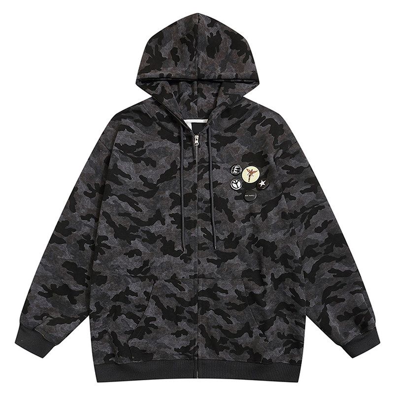 51 Hip Hop American Retro Functional Camouflage Cardigan Outwear Men's Trendy Fun Medal Decoration Loose Hooded Sweatshirt