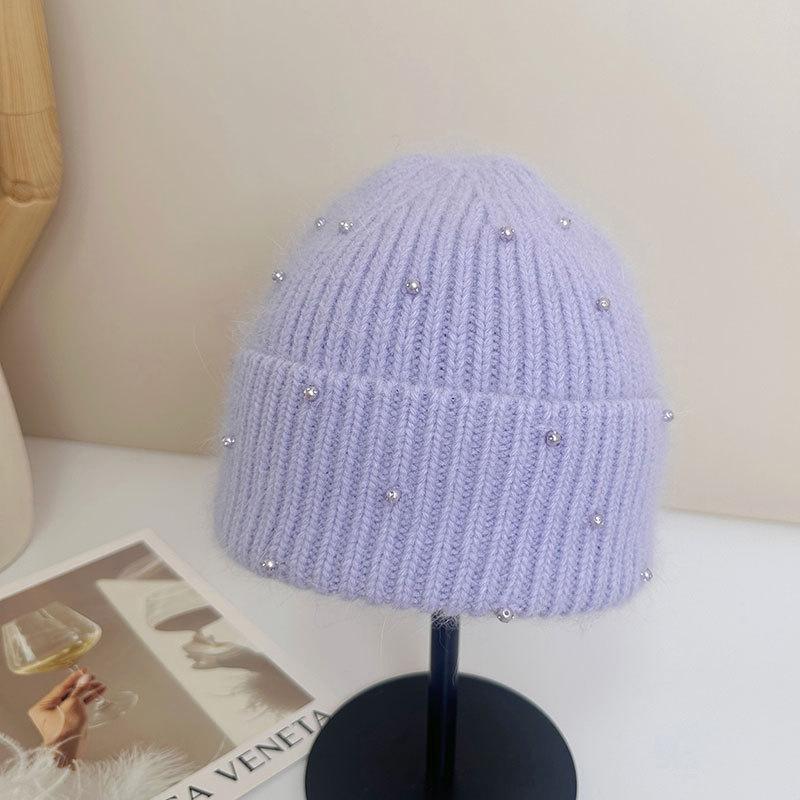 New diamond-encrusted rabbit fur knitted hat, winter outdoor warm fashion face small light luxury ear protector wool hat